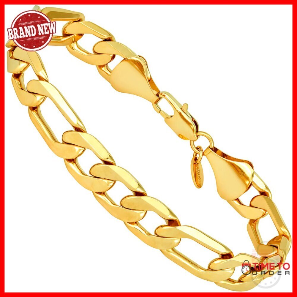 24k Gold Plated Figaro Chain Bracelet 11mm Width Men Women